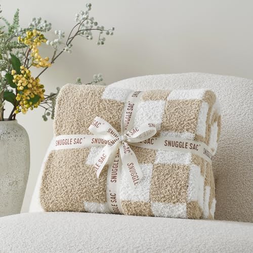 Snuggle Sac Checkered Throw Blanket for Couch, Super Soft, Cozy Warm Knit Blankets, Reversible Fluffy Checker Throws for Sofa, Bed, Checkered Beige, 50x60 Inches