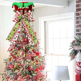 Christmas Tree Topper Hat with Bow, Velvet Top Hat Ornament with Elf Legs and Red & Green Wired Bows, Winter Holidays Xmas Decor for Home Decoration (Red)