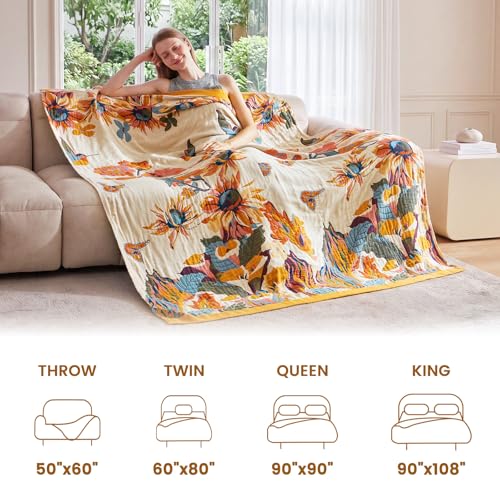 MSGKV Boho Throw Blanket for Couch and Sofa 50"x60" Cotton Throw Cover for Living Room with Floral and Butterfly, Summer Breathable&Lightweight Blanket