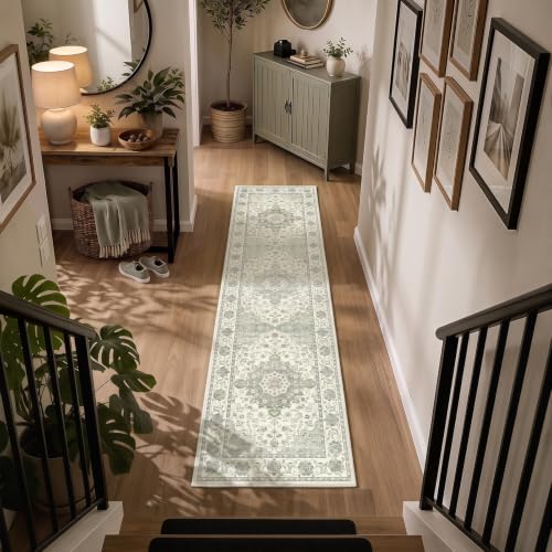 2x8 Non-Slip Runner Rug, Sage Green Vintage Distressed