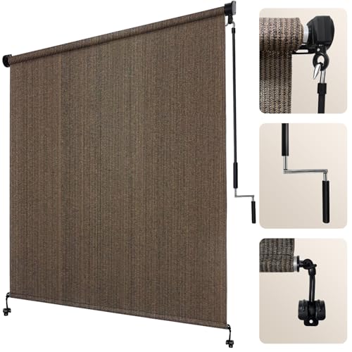 Artpuch Outdoor Roller Shade 8' W x 8' H, Mocha Exterior Cordless Patio Shades Roll Up Blinds with Spliced Pole Design, (2 Poles, One-Piece Fabric)