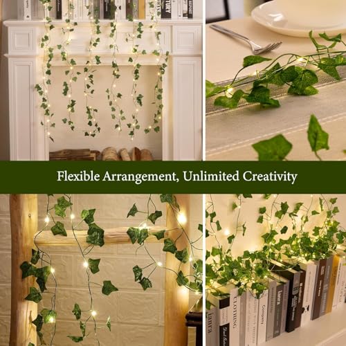 2 Pack 6.56FT Vines with Lights, Fake Ivy String Lights Battery Operated, 40 LEDs Green Leaf Lights with 8 Modes, Artificial Vines with Fairy Lights for Bedroom Wall Garden Party Decor