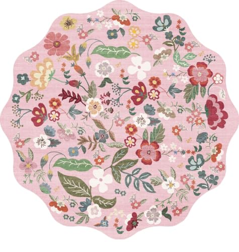 4x4 Washable Pink Round Rug: Scalloped Floral Circle Rug for Women Bedroom