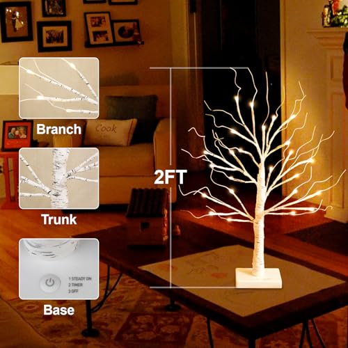 White Birch Tree with LED Lights, Lighted Birch Tree for Tabletop, USB/Battery Operated 24 LED Warm White Tree, 2FT Mini Christmas Tree Decor for Indoor Home Christmas Decorations (2 Pack, Timer)