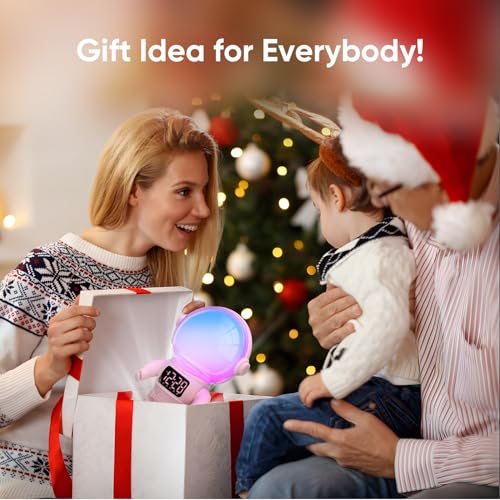 AFEXOA Astronaut Sunrise Alarm Clock for Kids, White Noise Sound Machine with 30 Soothing Sounds, 22 Dimmable Nightlights, Bluetooth Speaker, Dual Alarms, Wake Up Light for Bedroom(Pink)