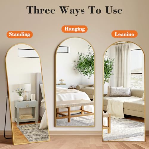 DUMOS 64"x21" Arched Full Length Floor Mirror, Full Body Mirror with Stand, Shatterproof Tempered Glass, Modern Aluminum Alloy Frame, Free Standing or Leaning for Home Decor, Gold