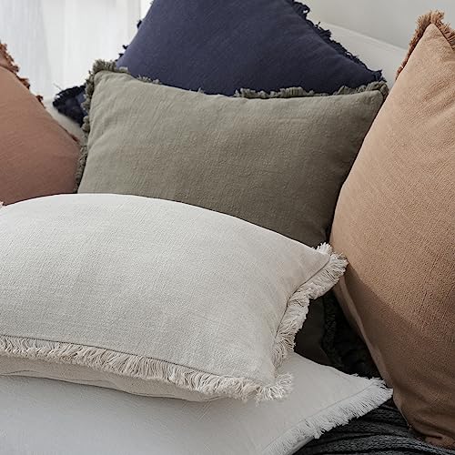 Foindtower Set of 2 Decorative Linen Fringe Throw Pillow Covers Cozy Farmhouse Boho Cushion Cover with Tassels Soft Accent Pillowcase for Couch Sofa Bed Living Room Home Decor 20×20 Inch Beige