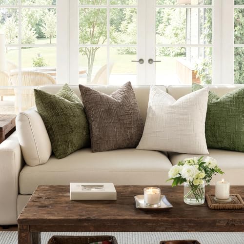 MIULEE Textured Throw Pillow Covers Thick Chenille Decorative Pillows Cream White 18x18 Inch Set of 2 Modern Boho Farmhouse Home Decor Neutral Cushion Covers for Couch Sofa Living Room Bedroom
