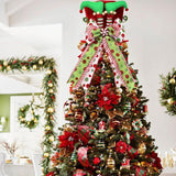 Christmas Tree Topper Hat with Bow, Velvet Top Hat Ornament with Elf Legs and Red & Green Wired Bows, Winter Holidays Xmas Decor for Home Decoration (Red)