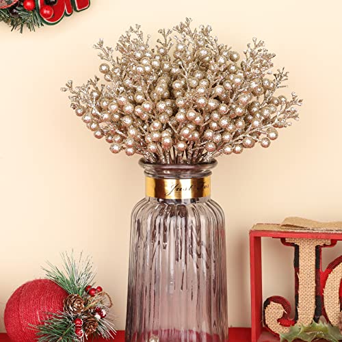 HOHOTIME 36Pcs Christmas Glitter Berries Stems, 9.5 Inch Artificial Christmas Tree Picks for Christmas Tree Decorations Ornaments DIY Crafts Vases Holiday Wedding Home Xmas Decor(Champagne)