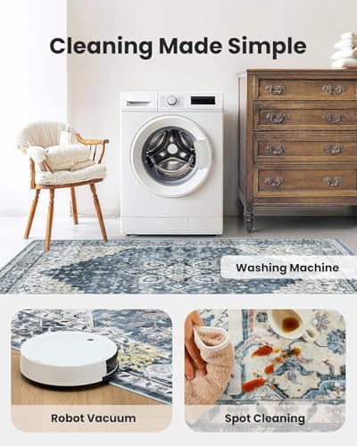 AMADA HOMEFURNISHING 8x10 Washable Area Rug, Low-Profile with Non-Slip Backing & Durable Edge Binding, Vintage Large Rugs for Living Room, Bedroom, Dining Room, Blue