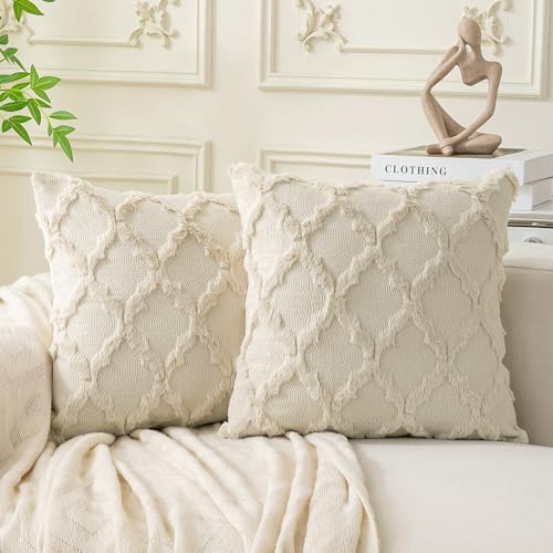 Set of 2 Soft Moroccan Throw Pillow Covers 18x18 Inch Plush Boho Decorative Pillow Cover Accent Cushion Case for Couch Sofa Bed, Beige