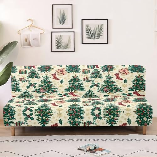 Christmas Tree Futon Cover Armless Stretch Sofa Slipcover Washable Elastic Armless Couch Furniture Protector for Bedroom Living Room Home Decor Green