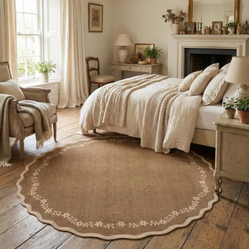 GarveeHome Christmas Round Rugs 6ft Brown Scalloped Washable Circle Rug