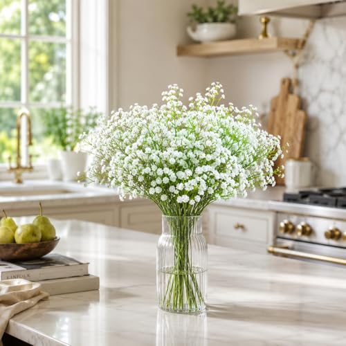 Babys Breath Artificial Flowers, 24 Pcs Fake Flowers Gypsophila Bouquet Fall Flowers Artificial for Decoration, Real Touch Silk Flower for Wedding Christmas DIY Party Home Garden Office(White)