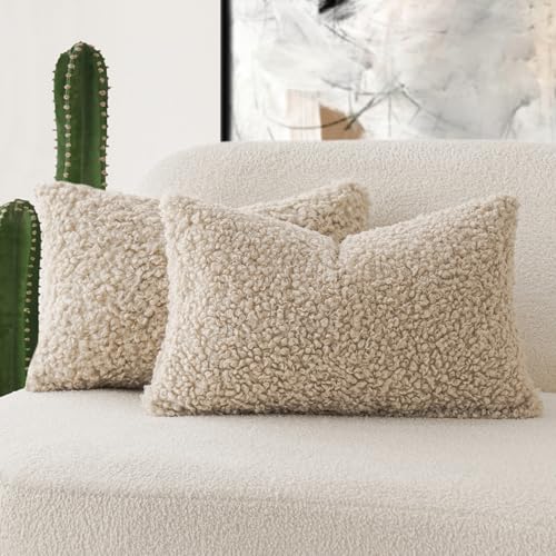 Foindtower Curly Boucle Faux Fur Lumbar Throw Pillow Covers 12x20 Oatmeal