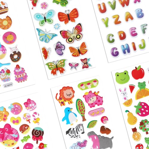 20 Sheets of 3D Stickers for Kids & Toddlers, Multiple Designs Self-Adhesive Puffy Stickers Includes Animals Numbers Letters Fruits for Scrapbooking Journal Water Bottle DIY Craft (Girl Style)