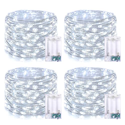 JMEXSUSS 4 Pack 50 LED Fairy Lights Battery Operated, 16.1ft White Fairy Lights for Bedroom, Silver Wire Twinkle String Lights Indoor for Party Wedding Birthday Decorations