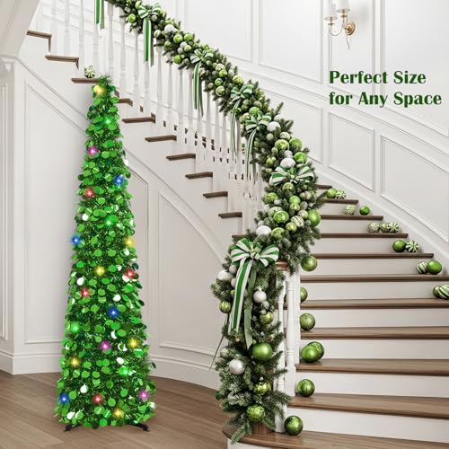 MACTING Pop Up Christmas Tree with 50 LED Lights 5FT Collapsible Tinsel Pencil Tree Easy-Assembly Coastal Glitter Artificial Tree for Porch Apartment Corner Home Party Indoor Xmas Decorations,Green