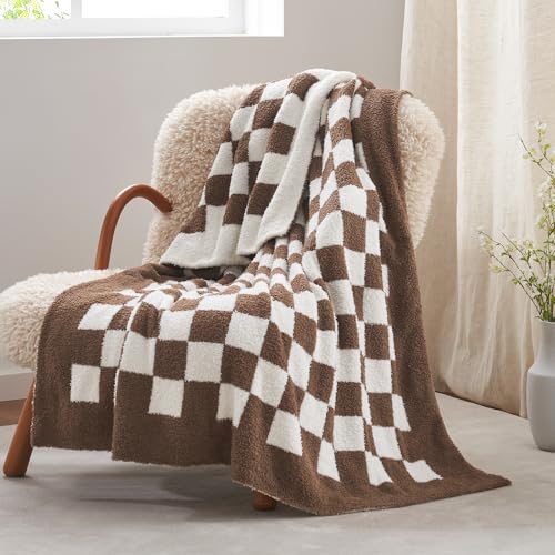 Snuggle Sac Checkered Throw Blanket for Couch, Super Soft, Cozy Warm Knit Blankets, Reversible Plaid Fluffy Throws for Sofa, Bed, Checkered Brown, 50x60 Inches