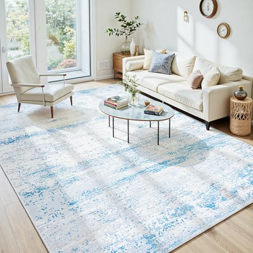 10x14 Washable Area Rug for Living Room Bedroom: Non-Slip Modern Light Blue