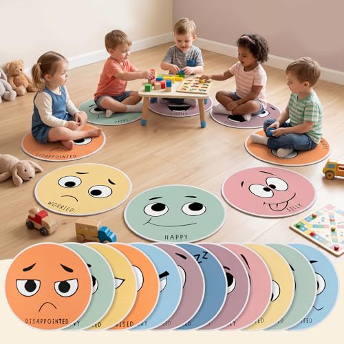 WILLBOND 12 Pcs Kids Carpet Circle Seats for Class, 16 Inch Circle Time Classroom Rug Feelings Chart Emotion Floor Cushions Back to School Educational Mat for First Day of School Seating Learning