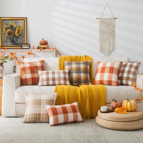 Plaid Fall Throw Pillow Covers Orange Write 12x20 Inch Set of 2