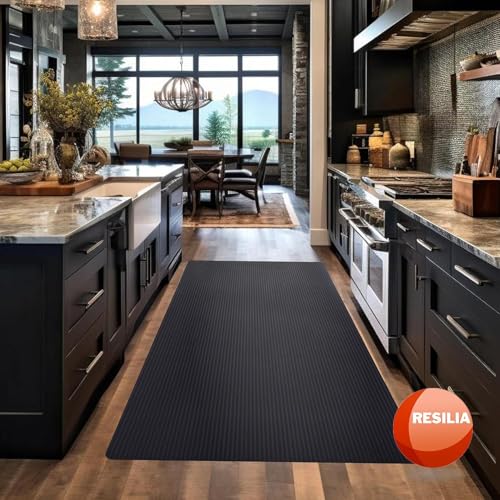 RESILIA Black Plastic Floor Runner - Embossed Wide Rib Waterproof Vinyl, Heavy Duty Protector Mat for Indoor Hardwood, Hard Floors, Garage, Entryway, Kitchen, & Outdoor Use, 15" x 48", Made in USA