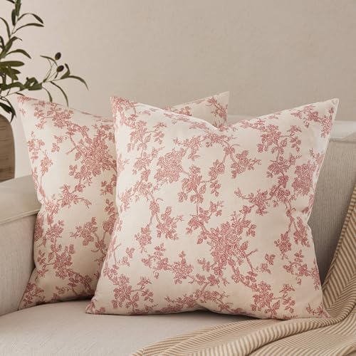 2 Pack French Floral Throw Pillow Covers 20x20in, Red/Cream