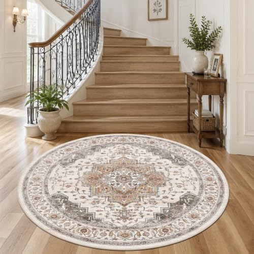 8ft Round Rug Low Pile Washable Vintage Print Rug Indoor Carpet