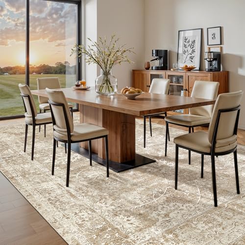 Madane 8x10 Area Rugs for Living Room, Machine Washable Vintage Neutral Rug with Non-Slip Backing, Soft Large Throw Rug, Thin Carpet for Bedroom Dining Room Farmhouse (8 x 10, Beige/Brown)