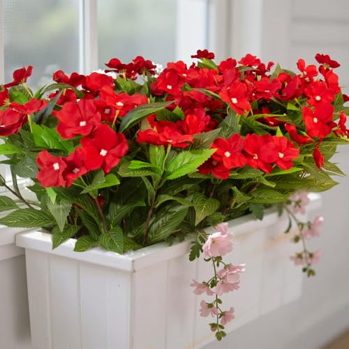 Daynight 4 Pcs Artificial Impatiens Flowers for Outdoor Flowers UV Resistant Faux Red Flowers Impatiens Bushes Silk Artificial Flowers Bouquet for Patio Garden Porch Decor (4, Red)