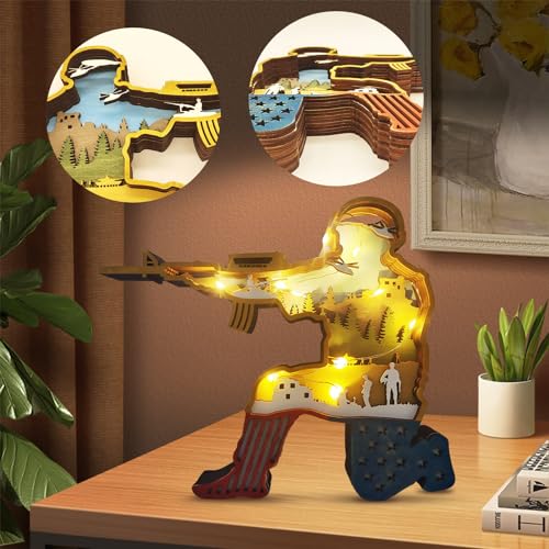 3D Wood Carving Lamp Home Creative Decorative, Funny Family Presents Ideas Christmas Living Room Office Decor Warm LED Night Lights Christmas Birthday Gift for Friend Son Dad Boys (Brave Soldier)