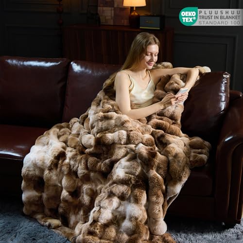 Faux Fur Throw Blanket for Couch, Fluffy Fuzzy Plush Bubble Blanket, Soft Warm Cozy Shaggy Rabbit Blanket, Luxury Decorative Gifts for Sofa Bedroom Living Room, 60x50inch (Tie-Dye-Brown)