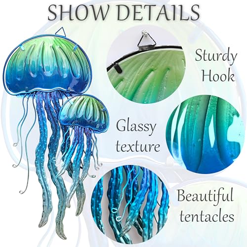 JOYBee Ocean Jellyfish Wall Art Decor-Sea Life Nautical Home Hanging Decor-Glass&Metal Jellyfish Decoration for Pool,Beach,Patio,Living Room,Bathroom,Boat, Coastal Decorations(17inch)