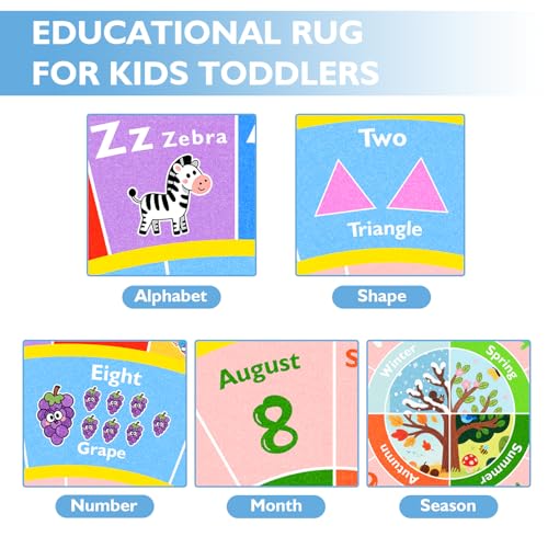 ABC Round Kids Rug for Playroom, 4x4 ft Alphabet Small Classroom Rug, Educational Kids Play Mat With Number Shape Season, Learning Area Rug for Nursery Bedroom Kidsroom, Colorful Non-Slip Washable