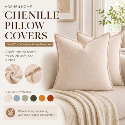 Decorative Throw Pillow Covers 18x18Inch, Pack of 2 Beige Chenille Soft Pillow Covers with Stitched Edge,Farmhouse Neutral Euro Decorative Pillows for Bed Couch Sofa Home Decor Living Room