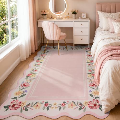 Lahome Girls Bedroom Rug 5x7, Pink Scalloped Floral Area Rug