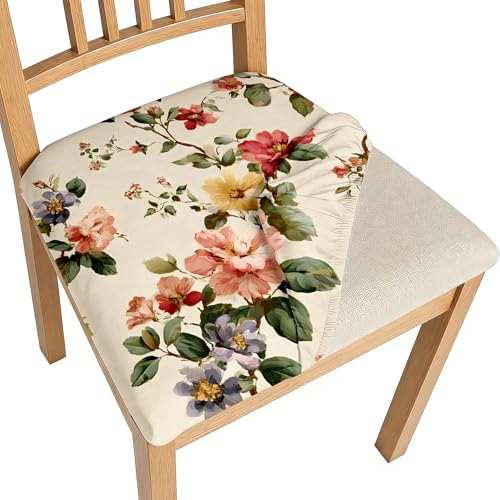 BVBOX Seat Covers Set of 4 for Dining Room Chairs Stretch Retro Flowers Style Dining Chair Covers Washable Removable Cushion Slipcovers Seat Protector (Spring Garden Floral, Set of 4)