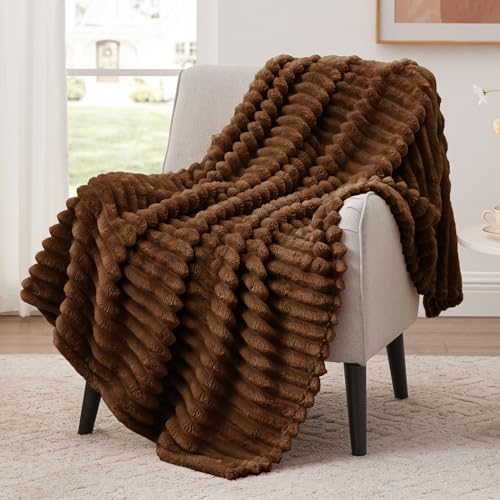 EXQ Home Fleece Throw Blanket for Couch or Bed - 3D Stripe Jacquard Decorative Blankets - 280GSM Cozy Soft Lightweight Fuzzy Flannel Blanket Suitable for All Seasons(50"×60",Brown)