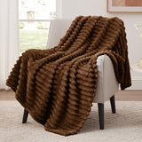 EXQ Home Fleece Throw Blanket for Couch or Bed - 3D Stripe Jacquard Decorative Blankets - 280GSM Cozy Soft Lightweight Fuzzy Flannel Blanket Suitable for All Seasons(50"×60",Brown)