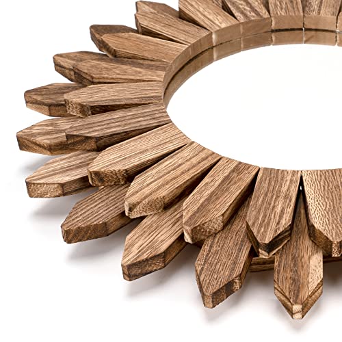 Honiway Wall Mirror Decorative 12 inch Rustic Wood Mirror Sunburst Boho Mirror for Entryway Bedroom Living Room Bathroom House Warming Gifts New Home Essential Carbonized Black