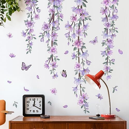 Hanging Creative Removable DIY Purple Flower and Vines Some Flying Butterfly Wall Sticker Waterproof Vinyl Wall Decal Decor for Home Girls Bedroom Kids Room Bedroom Living Room Wall Corner
