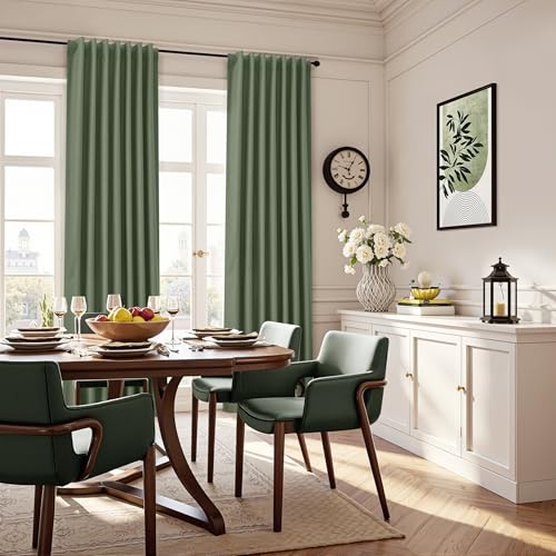 100% Blackout Olive Green Linen Curtains 84 Inch Length for Bedroom Black Out Light Blocking Curtain Thermal Insulated Room Darkening Window Drapes for Living Room Nursery 2 Panels Set 52x84 7ft