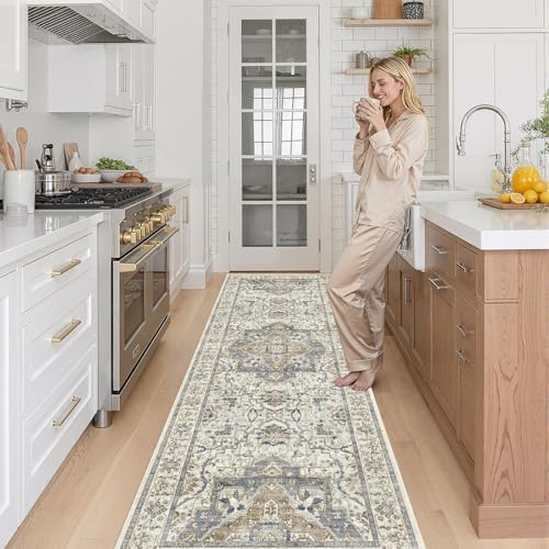 2x6 Washable Kitchen Runner Rug, Non Slip Vintage Runner Rugs for Hallway, Ultra-Thin Low Pile Distressed Kitchen Rugs Non Skid, Machine Washable Laundry Entryway Indoor Carpet,Beige/Blue