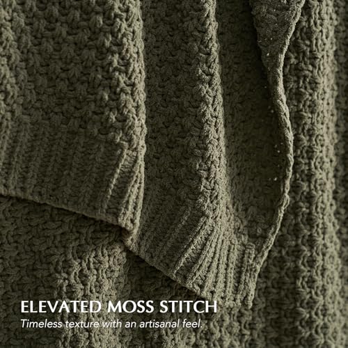EVERGRACEHOME Chunky Chenille Knit Throw Blanket for Couch, Soft Luxurious Moss Stitch Chair Blankets for Bed, Cozy Decorative Farmhouse Knitted Throws for Sofa, Olive Green, 50" x 60"