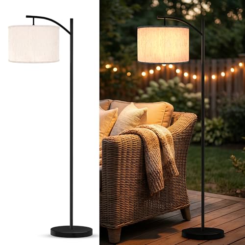 Solar Outdoor Floor Lamp, Waterproof Arc Standing Light with Heavy Metal Base for Patio, Modern Exterior Tall Light with Shade & Vintage Edison Bulb for Deck, Porch, Garden, Balcony Decor