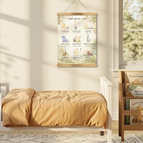 WUAWN God Says I Am Winnie The Pooh Room Decor，Biblical Affirmations for Kids Wall Art,Winnie The Pooh Baby Decorations for Nursery,Wooden Hanging Rod Religious Gifts-03