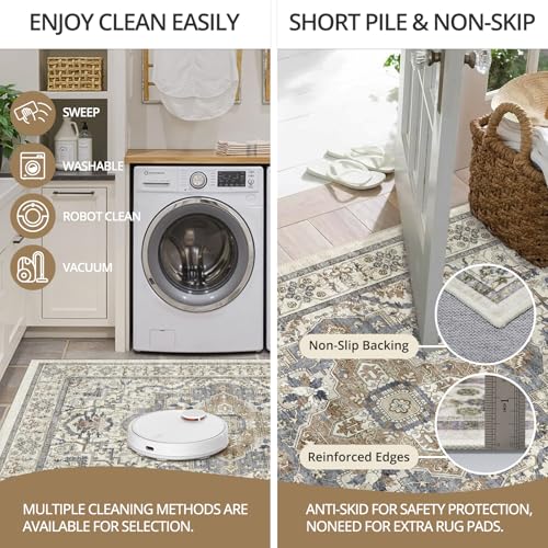 2x6 Washable Kitchen Runner Rug, Non Slip Vintage Runner Rugs for Hallway, Ultra-Thin Low Pile Distressed Kitchen Rugs Non Skid, Machine Washable Laundry Entryway Indoor Carpet,Beige/Blue