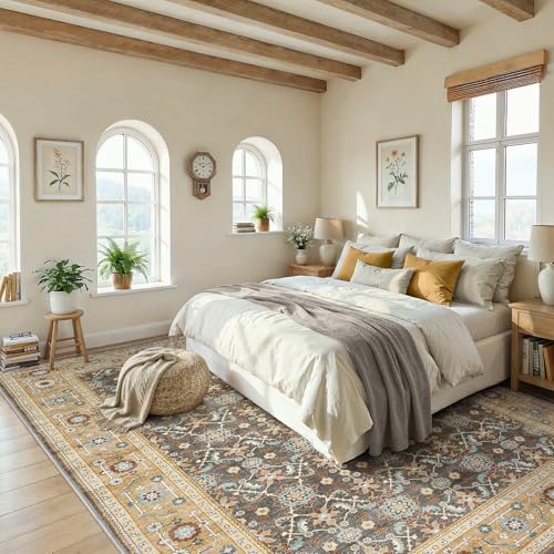 Washable Area Rug 5x7 Non-Slip Floral Boho Carpet, Floral Brown